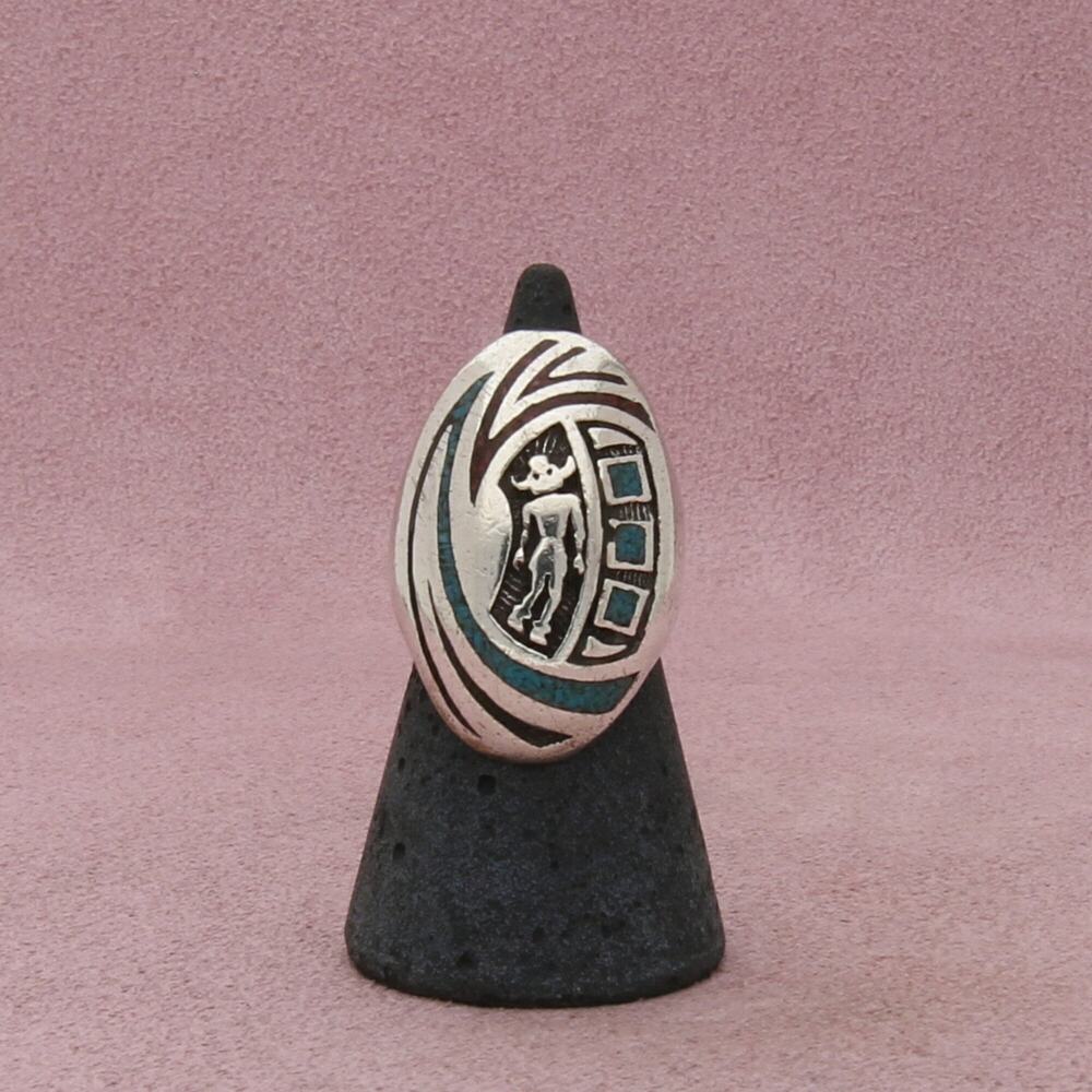 navajo sterling silver vintage turquoise chip inlay kachina ring size 4.5
